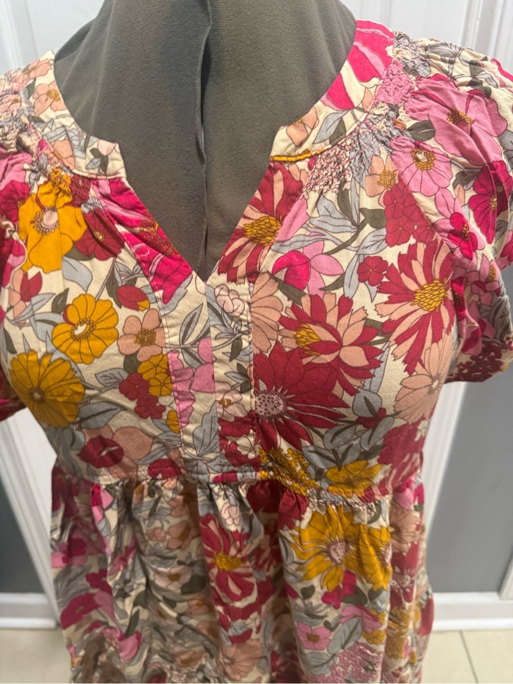 Umgee Floral V-Neck Casual Dress in Pink and Yellow - Picture 3 of 9